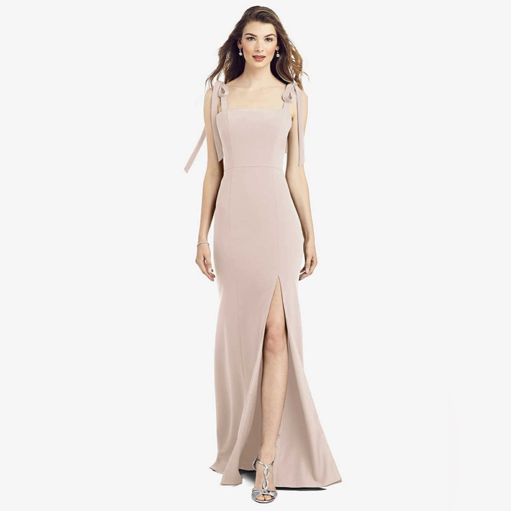 NWT Dessy 14 R Tie Shoulder Crepe Trumpet Gown Dress Slit Cameo Beige Bridesmaid